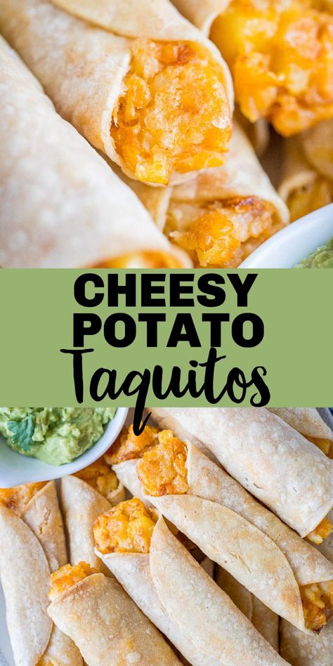 These Cheesy Potato Taquitos are perfectly seasoned and baked to perfection making them a healthy and filling choice for dinner, lunch or breakfast! They're easy to make, freezer friendly and both kids and adults enjoy them! #taquitos #mexicanfood #kidfriendly #kidfriendlydinner #vegetarian Potato Taquitos, Tacos Dorados, Vegetarian Mexican, Cheesy Potato, Kid Friendly Dinner, Cheesy Potatoes, Vegan And Gluten Free, Creamy Cheese, Freezer Friendly