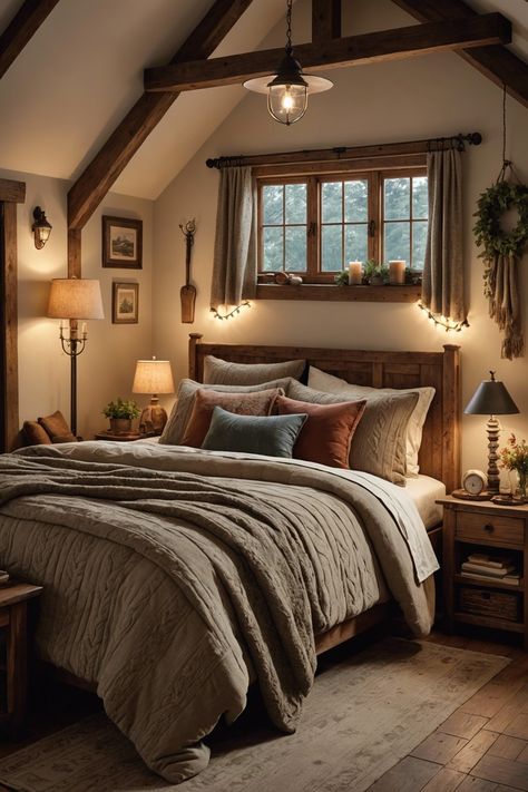 20 Cozy Cottage Bedroom Ideas For a Warm Atmosphere – ToolzView Cute Tiny House Interior, Bedroom Upstairs, Craftsman Style Homes Interior Bedrooms, Cabin Bedding Ideas, Wooden Bed Bedroom Ideas, Cottage In The Woods Interior, Lodge Bedroom Ideas, Bedroom Cottage, Master Bedrooms Cozy