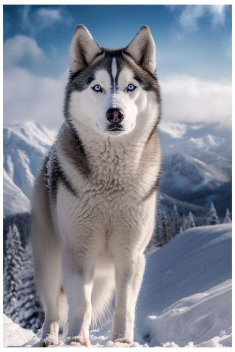 Stunning Siberian Husky on snowy mountains. Black and white with piercing blue eyes! Small Husky, Haski Dog, Husky Facts, Baby Husky, Black Husky, Husky With Blue Eyes, White Husky, Gifts Amazon, Beautiful Dog Breeds