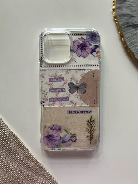 Aesthetic Back Case Ideas, Phone Case Purple Aesthetic, Phone Cover Customised, New Mobile Cover Design, Phone Cover Journal, Journaling Phone Case, Mobile Phone Cover Design, Aesthetic Homemade Phone Case, Mobile Covers Aesthetic