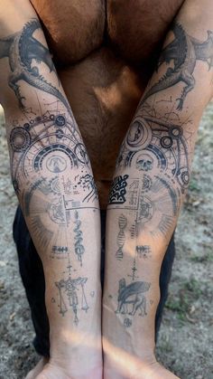 Constilations Tattoo, Spiritual Men Tattoos, Alchemy Tattoo Sleeve, Spiritual Tattoo For Men, Alchemical Symbols Tattoo, Alchemy Tattoo Ideas, Ancient Tattoo Designs, Back And Arm Tattoo, Alchemy Tattoo Symbols