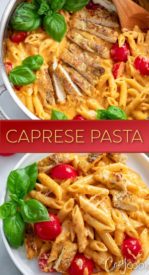 Pasta in a creamy tomato sauce with basil and cherry tomatoes. Chicken And Pasta Recipes, Tomato Cream Sauce Pasta, Pizza Pasta Recipe, Chicken And Pasta, Tomato Cream Sauce, Cherry Tomato Recipes, Cherry Tomato Pasta, Caprese Pasta, Fresh Cherry