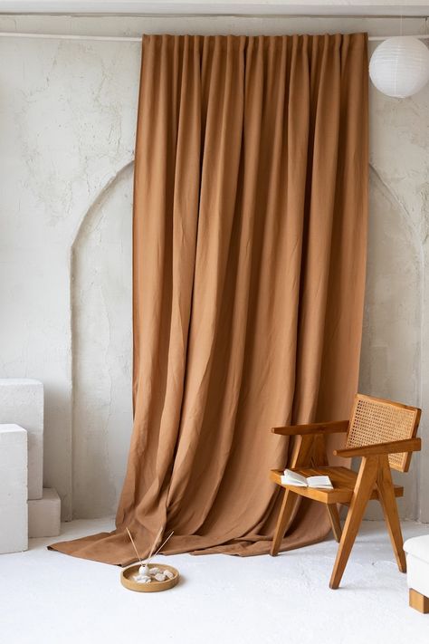 Upgrade your home with these extra-long 107-inch cacao linen curtains. Perfect for adding a touch of elegance, these wide and stylish drapes come in various colors and can be customized to fit any window. Ideal for living rooms, bedrooms, and more! Rust Colored Curtains, Earth Tone Curtains, Brown Curtains Bedroom, Terracotta Interior Design, Tan Curtains, Coral Curtains, Thick Curtains, Dining Room Curtains, Rustic Colors