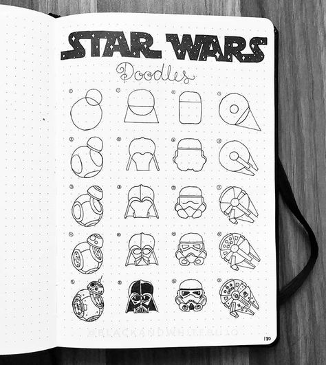 💪💪💪 This spread features two of my favorite characters in the series! Who is your favorite Star Wars character? . . . #bulletjournal #bujo… Star Wars Doodles, Sketchbook Ideas Easy, Doodle Tutorial, Star Wars Art Drawings, Easy Art Lessons, Drawing Stars, Star Wars Character, Star Wars Drawings, Galaxy Art