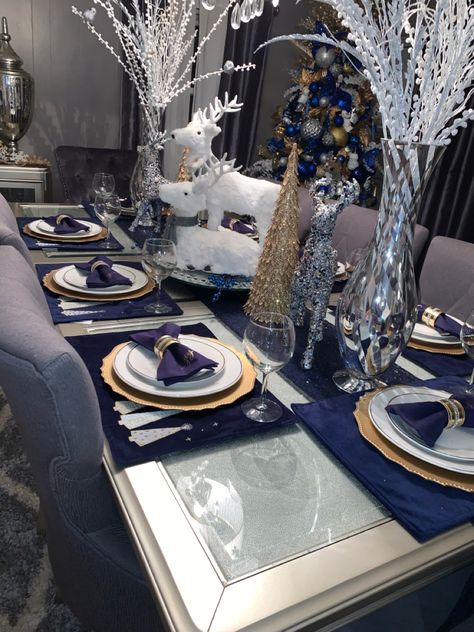 Blue And Gold Christmas Dining Table Decor, Blue And Gold Dining Room Decor, Navy Blue Christmas Dining Table, Blue Gold White Christmas Decor, Blue And Gold Dining Room Table Settings, Royal Blue And Gold Christmas Decor, Blue And Gold Christmas Table Decor, Blue Christmas Dining Table Decor, Christmas Table Settings Blue