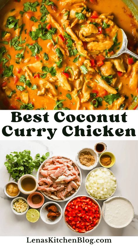 This coconut curry chicken is creamy, comforting, and flavor-packed! Tender chicken pieces are bathed in a sauce featuring rich coconut milk and zesty curry spices. This recipe is versatile enough to pair with rice, bread, or vegetables, perfect for a family dinner or a special occasion. Best Chicken Curry Recipe, Thai Coconut Curry Chicken, Chicken Breast Curry, Creamy Coconut Curry, Coconut Curry Chicken Recipes, Red Curry Recipe, Curry Chicken And Rice, Coconut Curry Recipes, Coconut Milk Chicken