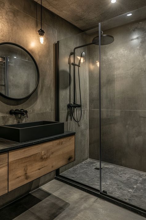 Explore this sleek industrial-style bathroom that redefines modern bathroom ideas. Features include matte black fixtures, rugged concrete textures, and warm wooden accents for a perfect blend of functionality and style. #ModernBathroomIdeas #HomeDesign #BathroomDecor Black Detail Bathroom, Soft Industrial Bathroom, Bathroom Ideas Aesthetic Minimalist, Small Male Bathroom Ideas, Wooden Style Bathroom, Modern Bathroom Design Black And Wood, Bathroom Remodel Industrial, Black Finish Bathroom, Farmhouse Industrial Bathroom Ideas