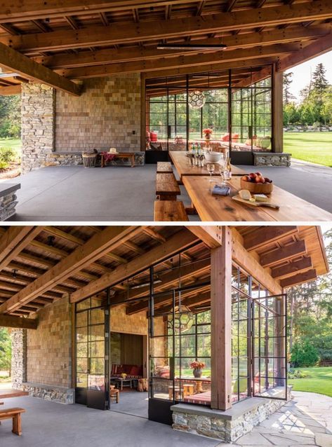 The Fieldhouse Is A Gathering Place For Friends And Family Log Seating, Garden Rooms Outdoor, Pavilion House, Shed Roof Design, Conservation Corps, Garden Pavilion, Home Architecture, Large Garden, Gathering Place