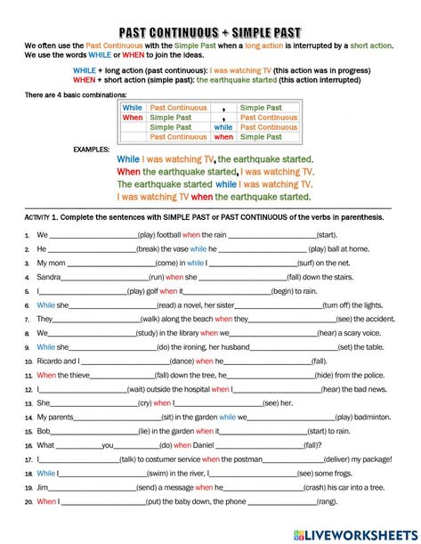 While And When Worksheet, When While Grammar, When And While Grammar Worksheet, When And While Grammar, When While Worksheet, Past Continuous Notatki, Past Simple Past Continuous Worksheets, Past Continuous Worksheets, Past Simple And Past Continuous