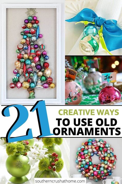 ornament tree, ornament wreath, ornament table place holders, ornament vases Recycle Old Ornaments, What To Do With Extra Ornaments, Christmas Bulbs Ornaments Diy, Recycled Christmas Ornaments, Christmas Balls Diy, Christmas Ball Ornaments Diy, Vintage Christmas Balls, Old Ornaments, Recycled Christmas