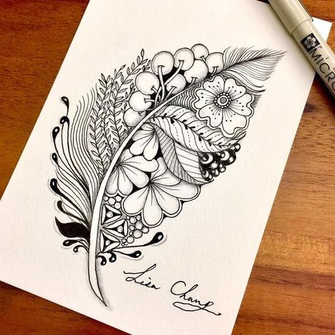 Feather Hand Drawn Zentangle Doodle Drawings. By Lisa Chang. Tato Mandala, Modele Zentangle, Mandala Nature, Stylo Art, Feather Drawing, Kraf Kertas, Arte Doodle, Couple Drawing, Pen Drawings