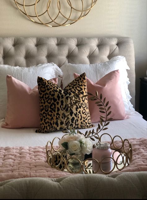 Loving this upholstery headboard. Adds a touch of softness to the room. Light Pink Headboard Bedroom Ideas, Leopard Print Pillows Bedroom, Leopard Accent Bedroom, Pink Cheetah Bedroom Ideas, Leopard Print And Pink Bedroom, Cheetah Themed Bedrooms, Pink Cream And Gold Bedroom, Cheetah Print And Pink Bedroom, Cheetah And Pink Bedroom