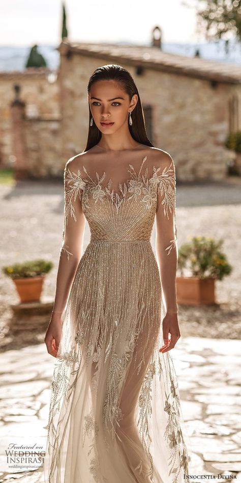 2024 Gown Trends, Long Sleeve Wedding Dress Vintage, Wedding Dress Sheer, Illusion Neckline Dress, Mesh Wedding Dress, Illusion Neckline Wedding Dress, Boho Wedding Dress Bohemian, 2024 Wedding Dresses, Illusion Wedding Dress