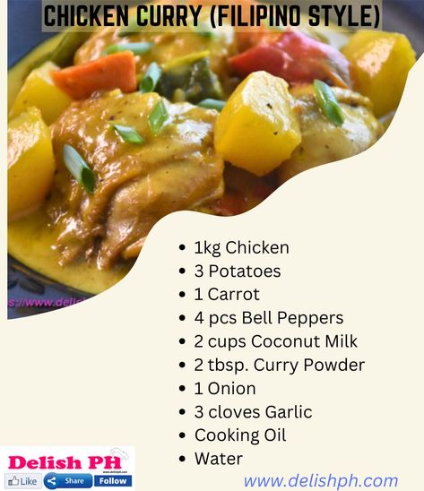 Delish PH - Chicken Curry (Filipino Style) recipe:... Chicken Curry Recipe Filipino Style, Filipino Chicken Curry Recipe, Chicken Filipino Recipe, Chicken Curry Filipino Style, Filipino Curry, Filipino Chicken Curry, Food Filipino, Chicken Curry Recipe, Filipino Style