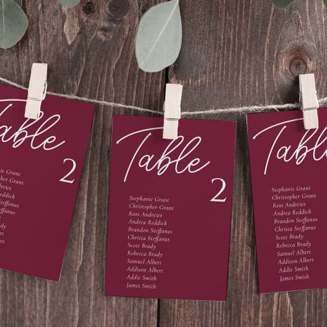 Burgundy Wedding Table Seating Chart Cards for $2.92 - Wedding Cards Burgundy Wedding Seating Chart, Burgundy Wedding Theme Table Settings, Wedding Table Decorations Burgundy, Table Chart Wedding, Burgundy Wedding Reception, Table Seating Chart Wedding, Burgundy Wedding Table, Burgundy Wedding Decor, Hanging Seating Chart