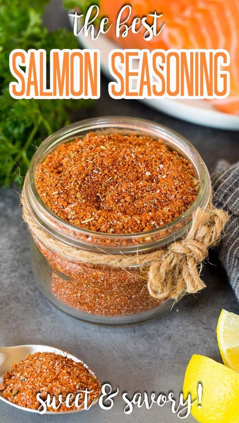 This salmon seasoning is a blend of herbs and spices that creates the perfect sweet and savory flavor for salmon and other types of seafood. Seasoning For Grilled Salmon, Marinades For Salmon Grilling, Salmon Recipes Seasoning, Seasoning For Salmon On The Grill, Seafood Spice Blend, Grilled Salmon Seasoning Recipes, Seasoning Salmon Baked, Seasonings For Fish, Fish Seasoning Recipe Spices