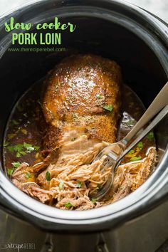 This easy Slow Cooker Pork Loin recipe includes a flavorful garlic herb rub and is slow cooker in apple juice for extra flavor! Fall apart tender! #slowcooker #slowcookerrecipes #crockpot #crockpotrecipes #pork #recipe #recipeoftheday #dinnerrecipes Slow Cooker Pork Loin Roast, Roast In Slow Cooker, Pork Loin Recipes Slow Cooker, Cooking Pork Loin, Roast Slow Cooker, Crockpot Pork Loin, Slow Cooker Pork Loin, Pork Loin Recipe, Crockpot Pork Roast