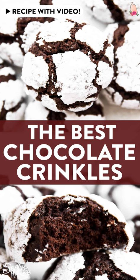 These Chewy Chocolate Crinkle Cookies are soft and turn out picture-perfect! An EASY dough make these the best Christmas cookies for your holiday baking! | #cookies #chocolate #Christmascookies #Christmascookies #Christmascookieexchange #Christmascookierecipe #holidaybaking #holidayrecipes #baking #easyrecipes Dessert Smoothies, Chocolate Crinkle Cookies Recipe, Crinkle Cookies Recipe, Chocolate Crinkle, Christmas Baking Recipes, Chocolate Crinkle Cookies, Chocolate Crinkles, Oreo Dessert, Crinkle Cookies