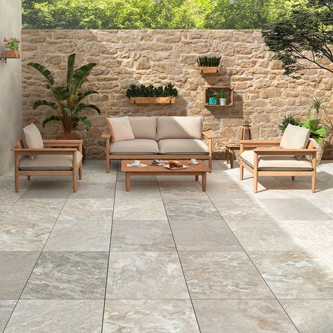 Unaway Light Outdoor Porcelain Tiles | Home Tiles Porcelain Garden Tiles, Paving Stone Ideas, Garden Tiles Outdoor, Victorian Patio, Slate Effect Tiles, Outdoor Porcelain Tile, Outdoor Pavers, Outdoor Paving, Courtyard Gardens