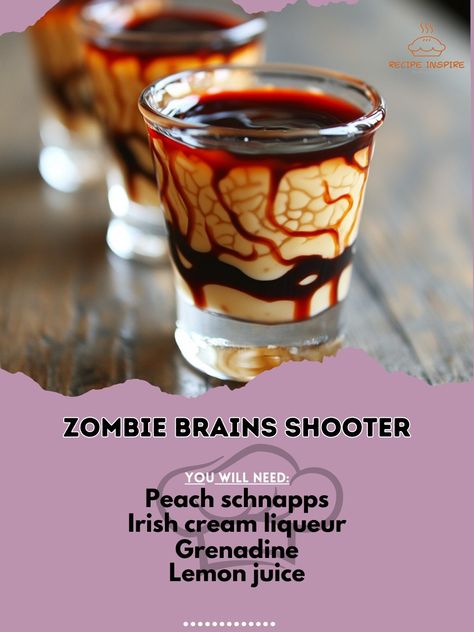 🧟‍♂️🧪 Zombie Brains Shooter—Get spooky with this fun and eerie zombie brains shooter. Perfect for Halloween thrills! 🎃👻 #ZombieBrainsShooter #HalloweenDrinks Zombie Brains Shooter Ingredients: Peach schnapps (1/2 oz) Irish cream liqueur (1/2 oz) Grenadine (1/4 oz) Lemon juice (1/4 oz) Instructions: Pour peach schnapps into a shot glass. Slowly layer Irish cream liqueur on top. Drizzle grenadine and lemon juice. 🧪🧟‍♂️ This zombie brains shooter is a must-try for Halloween parties. Spooky a... Halloween Shots Easy, Shots For Halloween Party, Halloween Easy Drinks Alcohol, Zombie Jello Shots, Funny Alcoholic Drinks, Halloween Shots Alcohol Drink Recipes, Zombie Brain Shots, Brain Shots Recipe, Halloween Themed Shots