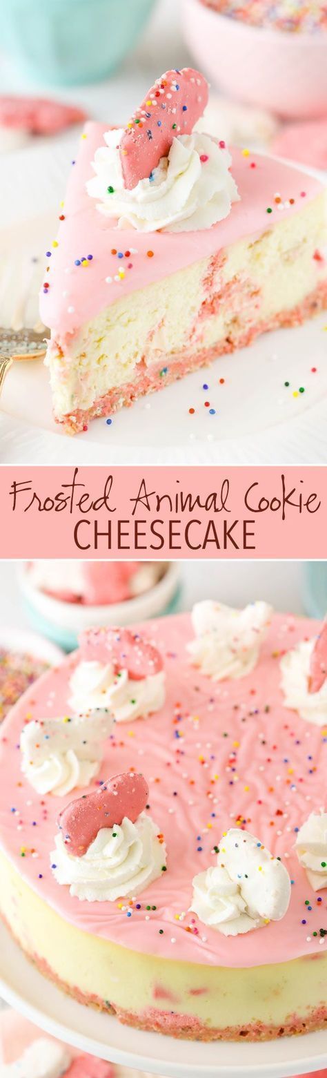 Frosted Animal Cookie Cheesecake - thick and cream vanilla cheesecake with frosted animal cookies in the crust and the filling! So good! Circus Animal Recipes, Circus Cookie Cheesecake, Frosted Animal Cookie Cheesecake, Circus Cookie Desserts, Fun Cheesecake Ideas, Circus Animal Cookie Cheesecake, Circus Animal Cookies Recipes, Summery Dessert Ideas, Animal Cookie Dessert