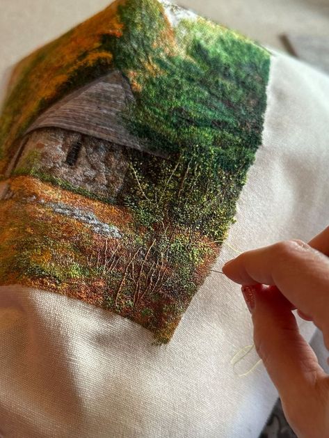 Columcille Megalith Park, Hand Realistic Embroidery Picture, Unique Embroidery Style, Landscape, Autumn, Collectable Art - Etsy Saudi Arabia Embroidery Art On Clothes, Embroidery On Colored Fabric, Large Embroidery Patterns, Embroidery Realistic, Unique Embroidery Ideas, Layered Embroidery, Unique Art Styles, Watercolor Embroidery, Realistic Embroidery