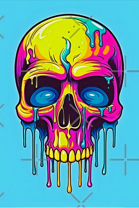 Colorful dripping skull artwork with neon hues Dripping Skull Drawing, Neon Color Drawing, Laughing Skull Drawing, Trippy Skull Painting, Drippy Skull, Neon Drawings, Skull Vector Art, Colored Skeleton, Sugar Skull Art Drawing