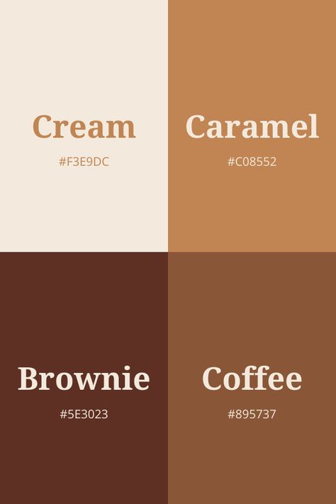 An image displaying a warm brown color palette with four shades: Cream (#F3E9DC), Caramel (#C08552), Brownie (#5E3023), and Coffee (#895737) Brown And Cream Palette, Caramel Brown Color Palette, Canva Brown Palette, Brown Hues Colour Palettes, Cream Palette Color, Color That Goes With Brown, Brown And Silver Color Palette, Warm Browns Palette, Human Color Palette