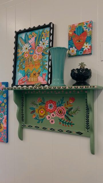 Julia Eves on Instagram: "A quick studio tour. #studiotour #wherewomencreate #mississippiartist #happyart #colorlover" Mexican Painted Furniture, Mexican Folk Art Decor, Mexican Style Decor, Bohemian Painting, Painted Benches, Folk Decor, Arte Folk, Mexican Home Decor, Folk Art Flowers