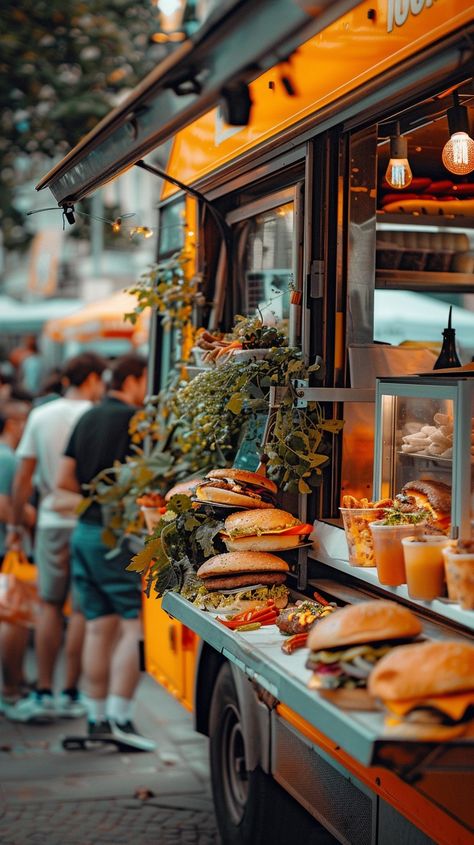 Food Truck Feast: Customers line up at a vibrant food truck serving delicious burgers and refreshing beverages outdoors. #food #truck #street #burgers #customers #outdoor #dining #vibrant #aiart #aiphoto #stockcake https://ayr.app/l/yQhi Food Trailers Design, Festival Food Truck, Food Truck Photography, Sandwich Food Truck, Sandwich Street Food, Burger Photoshoot, Food Truck Aesthetic, Bakery Trailer, Food Marketing Design