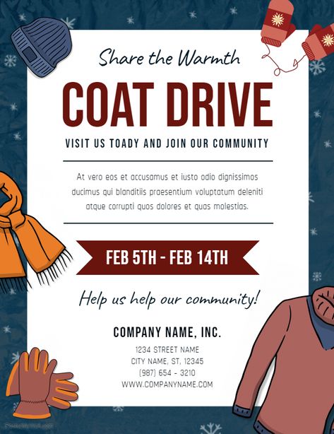 Winter coat drive charity event flyer Coat And Blanket Drive, Coat Drive Ideas, Coat Drive Flyer, Charity Drive Ideas, Donation Drive Ideas, Clothing Drive Poster, Scarf Campaign, Clothing Drive Flyer, Foster Closet