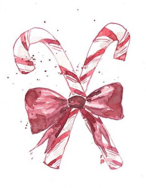 Christmas Candy Cane Watercolour Digital Download Instant Printable Art Watercolor Notecard Water Colour Christmas Painting, Christmas Candy Cane Drawing, Color Pencil Christmas Drawings, Christmas Art Digital, Christmas Wallpaper Painting, Watercolor Art For Cards, Christmas Easy Painting Ideas, Candy Cane Watercolor, Christmas Ornaments Watercolor