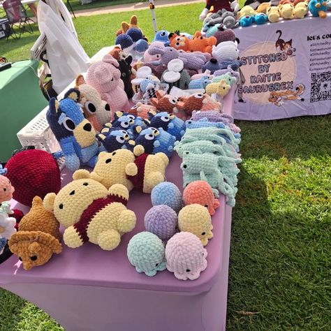 This mornings market setup! I'll be setup at the watermelon festival today and tomorrow! . . . Hashtags: #mississippi #shopsmall #crochetersofinstagram #crochet #smallbusiness #plushie #explore #amigurumi #crochetlove Market Stall Setup Ideas, Crochet Booth Ideas, Crochet Stall Display Ideas, Crochet Market Prep, Market Crochet Ideas, Crochet To Sell Ideas, Crochet Market Stall, Crochet Vendor Display, Crochet Market Ideas