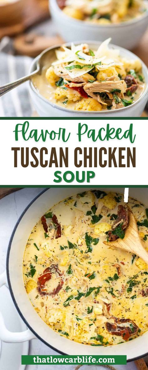 This creamy Tuscan chicken soup is made with shredded chicken, sun-dried tomatoes and tender veggies simmered in a creamy broth with spinach! This soup packs a flavor punch! Our Tuscan Chicken Soup is packing major flavor thanks to the sun-dried tomatoes! This rich, creamy soup is perfect for a chilly night and is ready in less than 45 minutes. So much flavor in so little time! Tomato Soup With Chicken Broth, Crockpot Tuscan Chicken Soup, Soup With Sundried Tomatoes, Keto Tuscan Chicken Soup, Tuscan Chicken Soup Crockpot, Tuscan Chicken Soup Recipes, Creamy Italian Chicken Soup, Chicken And Spinach Soup Recipes, Chicken Spinach Soup Recipes