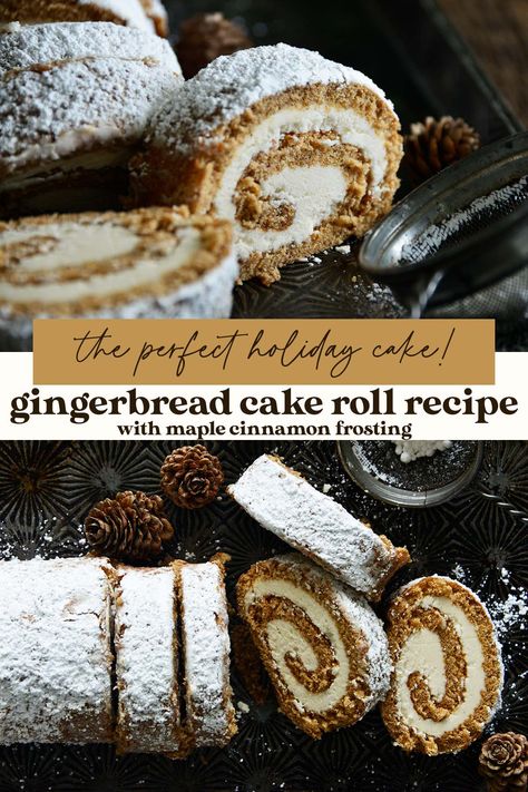 Gingerbread Swiss Roll Cake, Gingerbread Poke Cake Recipe, Jellyroll Cake Recipes, Gingerbread Roll Cake, Gingerbread Poke Cake, Ginger Bread Loaf Recipes, Roll Cakes Recipe, Christmas Theme Cake Ideas, Gingerbread Cake Roll Recipe