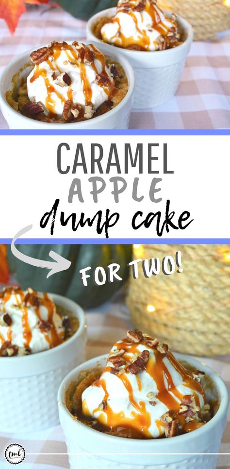 Caramel Apple Dump Cake For Two | It's like apple pie, but better, because you only need a few simple ingredients and it only takes a fraction of the time to make. It's the perfect date night dessert for two, or to treat yourself (without having to bake an entire pie) | A recipe to enjoy beyond the holidays, but also the perfect recipe in a pinch | #caramelapple #sweettooth #dumpcake #dessertrecipes #appledessert | theMRSingLink Dessert Recipes For Date Night, Desert For 2 People, Single Apple Dessert, Apple Dessert For Two, Thanksgiving Dessert For Two, Dessert Recipes For 2 People, 2 Person Dessert, Apple Dessert For One, Dessert For Two Recipes