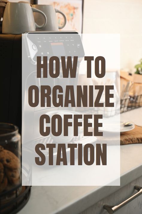 Are you looking for tips on how to organize your coffee station? Check out my creative coffee station organizer ideas! From coffee bar organizer hacks to chic storage solutions for your coffee station at home, my post has it all!  Say goodbye to clutter and hello to a coffee station you'll love. Read my post, Creative Coffee Station Organizer Ideas, for my top tips and tricks! Coffee Maker Placement In Kitchen, Coffee Area Ideas Kitchen Counter, Organized Coffee Bar, Coffee Supplies Organization, Coffee Lazy Susan Ideas, Coffee Bar Stand Ideas, Home Coffee Stations Counter Space, Pour Over Coffee Bar Ideas, Coffee Bar Ingredient Ideas