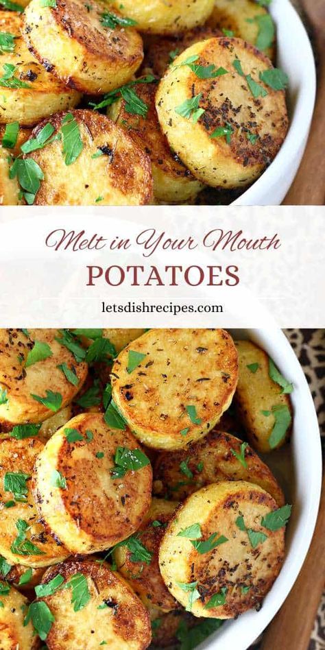 Melt in your mouth potatoes -- sliced, roasted Yukon Gold potatoes. Yukon Potato Recipes, Sliced Roasted Potatoes, Gold Potato Recipes, Roasted Yukon Gold Potatoes, Easy Recipes For Dinner, Yukon Potatoes, Roasted Fingerling Potatoes, Potato Slices, Garlic Roasted Potatoes