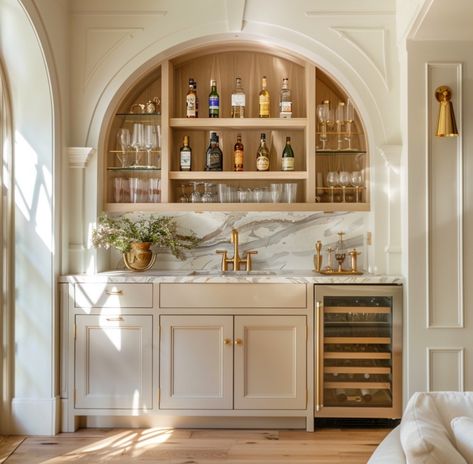 Kitchen Bar With Open Shelving, Home Entertainment Room Bar Designs, Open Bar Cabinet, Room For Entertaining, Bar With Arches Design, Elegant Wet Bar, Home Bar Open Shelving, Open Bar Shelving, Wet Bar Transformation