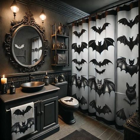 Bat lovers Small Gothic Bathroom, Vampire Bathroom, Gothic Bathroom Ideas, Emo Room, Vampire Decor, Bat Decor, Gothic Bathroom, Gothic Stuff, 2024 Halloween