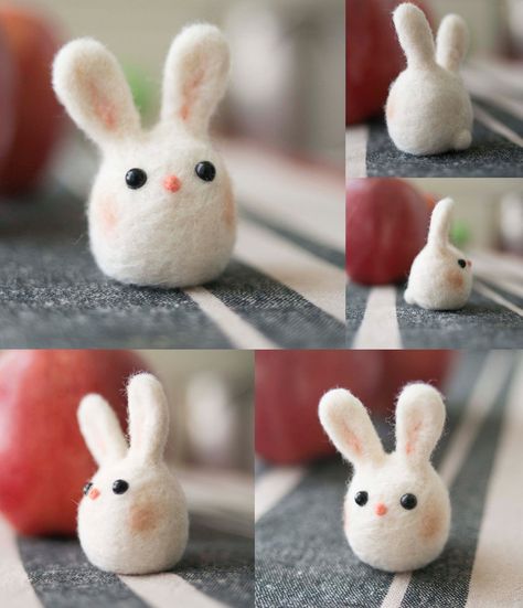 I took a 3 year break from needle felting, and now I'm back! Just in time for Easter, here is the cutest bunny. Hand felted using a needle and pure natural white wool. Plastic eyes and pink w... Diy Laine, Tovad Ull, Felted Bunny, Needle Felting Diy, Felted Wool Crafts, Wool Needle Felting, Needle Felting Tutorials, Felt Bunny, Felt Mouse