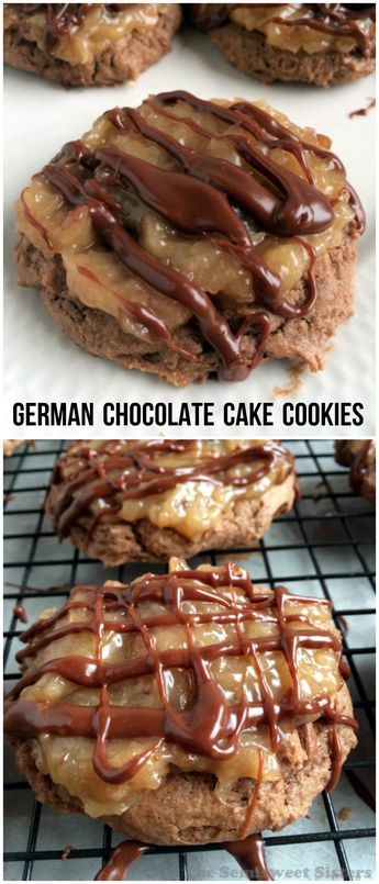 Easy German Chocolate Cake Cookies made with a box cake mix! Easy German Chocolate Cake, German Chocolate Cake Cookies, German Chocolate Cookies, Finger Desserts, Chocolate Cake Mix Cookies, German Chocolate Cake Mix, German Cake, Yummy Deserts, Chocolate Cake Cookies