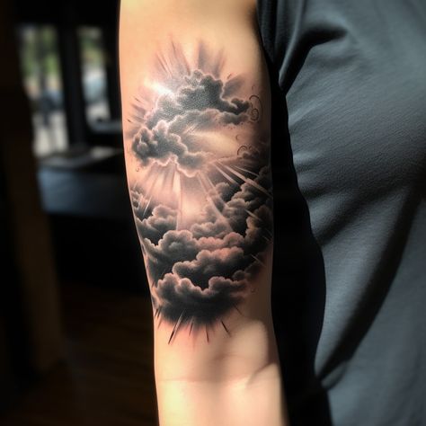 Cloud Sleeve Tattoos For Women, Cloud And Sun Ray Tattoo, Star With Clouds Tattoo, Heavenly Clouds Tattoo, Cloud With Birds Tattoo, Cloud Tattoo Realism, Realism Clouds Tattoo, Cloud Sleeve Tattoo Men, Calm Before The Storm Tattoo