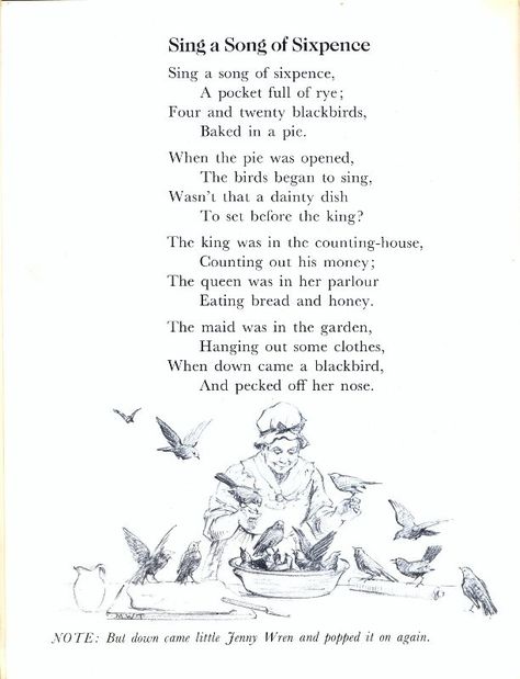 Sing a Song of Sixpence - Nursery rhyme with black and white illustration by Margaret W. Tarrant (1888-1959) – from 'The Margaret Tarrant Nursery Rhyme Book', first published in 1944 by William Collins and Sons Nursery Rhyme Tattoo, Sing A Song Of Sixpence, Four And Twenty Blackbirds, Margaret Tarrant, William Collins, Sing A Song, Rhyming Books, Fairy Images, White Illustration