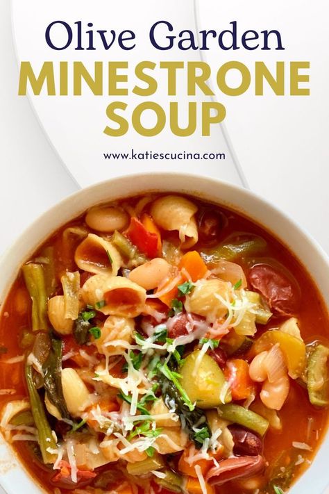 Enjoy a piping hot bowl of Olive Garden Minestrone Soup in the comforts of your home. This copycat recipe makes enough for 8-10 hearty serving and is chocked full of vegetables and beans in a rich tomato broth. Ministroni Soup Olive Garden, Menastroni Soup, Crockpot Minestrone Soup Olive Garden, Copycat Minestrone Soup Olive Garden, Minestrone Soup Giada, Hearty Minestrone Soup, Minnestonie Soup, Homemade Minestrone Soup, Minestrone Olive Garden