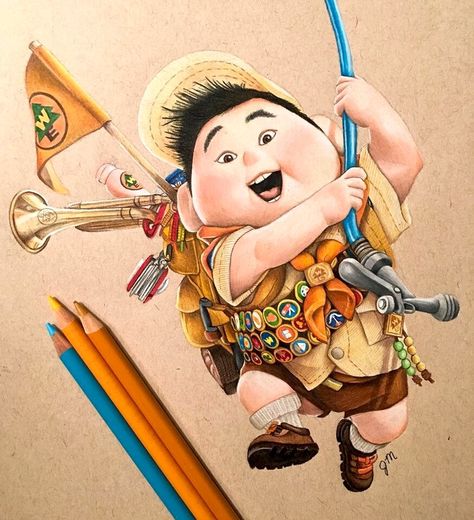 Russell (Drawing by JuliannaMaston @Instagram) #Up Kevin From Up Drawing, Up Russell Drawing, Up Movie Drawing, Up Sketch Disney, Russel Up, Sweat Lodge, Wilderness Explorer, Disney Illustration, Disney Up