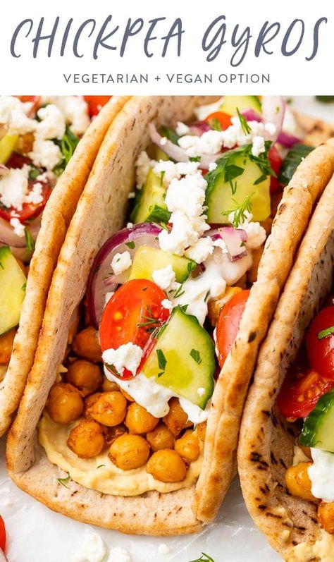 These chickpea gyros are an unbelievably good vegetarian version of the Mediterranean classic. Spiced chickpeas stuffed in soft pita with a delicious tzatziki sauce, fresh tomato, & cucumbers. Made in about 30 min. Vegan option. #gyro #vegetarian #greek Gyro Vegetarian, Chickpea Gyros, Classic Sandwiches, Greek Gyros, Vegan Greek, Gyro Recipe, Spiced Chickpeas, Chickpea Recipes, Tzatziki Sauce