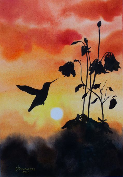 Hummingbird in Silhouette - watercolour painting by Nicki Saunders Easy Watercolor Painting Ideas, Watercolor Painting Ideas For Beginners, Easy Watercolor Painting, Watercolor Painting Ideas, Watercolor Pencil Art, Painting Ideas For Beginners, Bird Watercolor Paintings, Watercolor Paintings For Beginners, Scenery Paintings