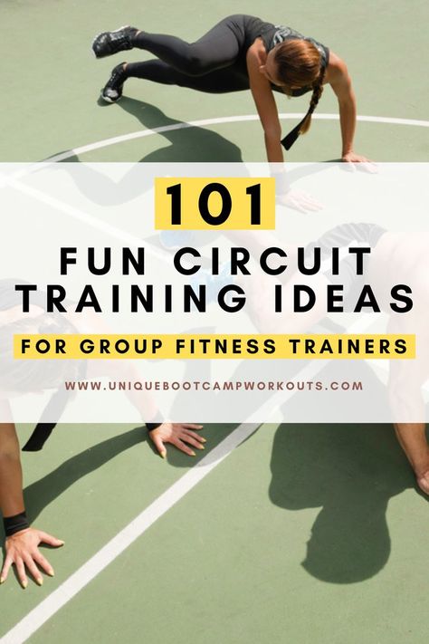 circuit training workouts for group fitness trainers and bootcamp instructors. 101 fun and result focused circuit training workouts that will keep your classes incredibly fresh and varied. Circuit Training Plan, Group Training Workouts Gym, Fun Circuit Workouts, Circuit Workout Ideas, Outdoor Circuit Workout, Bootcamp Exercises Circuit Training, Group Fitness Class Ideas Circuit Training, Strength Training Class Ideas, Bootcamp Circuit Stations