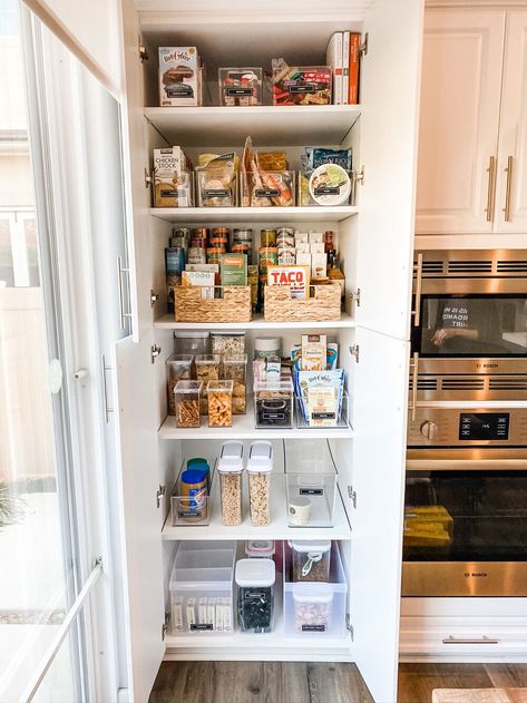 Deep Pantry Organization, Narrow Pantry, Kitchen Cupboard Organization, Deep Pantry, Small Pantry Organization, Organized Pantry, Pantry Organisation, Pantry Shelves, Kitchen Storage Hacks